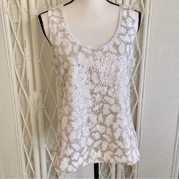 Anthropologie Top Meadow Rue Glimmer Lace Pleat Back Sequin Sleeveless Tank Med - Picture 3 of 16